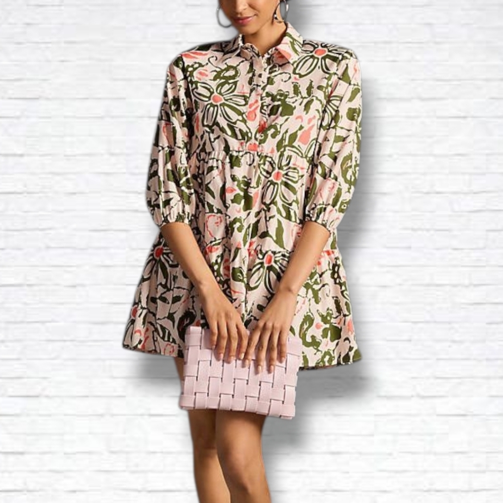 MAEVE By Anthropologie The Bettina Tiered Mini Shirt Dress Size M In Pink Green